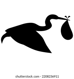 Silhouette Of A Stork Carrying A Baby In Its Beak. Flying Bird. Isolated On A White Background. Great For Love Logo