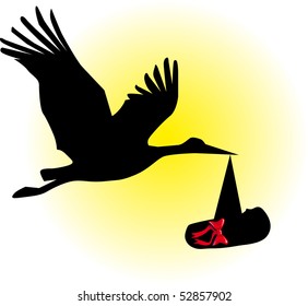 Silhouette of a stork with the child