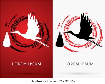  Silhouette, Stork delivering a newborn baby, on cycle grunge brush background, sign ,logo, symbol, icon, graphic, vector.