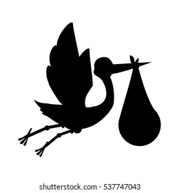 Silhouette Of Stork Flying Holding A Bag With A Baby Icon Over White Background. Vector Illustration