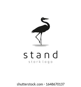 Silhouette Stork Heron Bird on River lake logo design