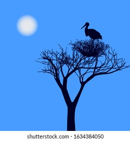 Silhouette stork in a nest on a tree. Vector EPS10