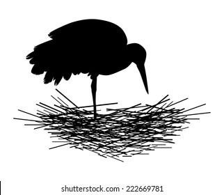 the silhouette of a stork nest on white background vector