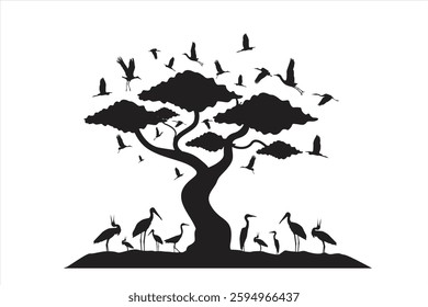 Silhouette of storks perched on a dense tree. Illustration of a flock of wildlife in beautiful nature. Illustration of a flock of storks living in groups on a tree and looking for food