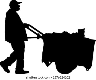 Silhouette of a street cleaner pushing a rubbish cart. Vector illustration. 