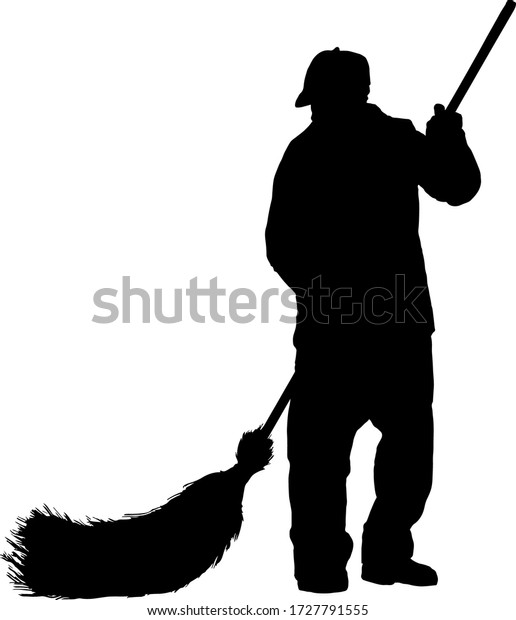 Silhouette of a street cleaner sweeping the
floor with a big broom. Vector
illustration.