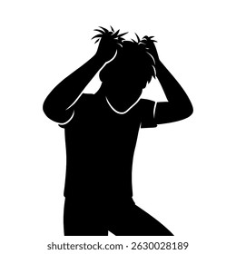 Silhouette of stressed person pulling hair out in frustration and anxiety vector illustration art