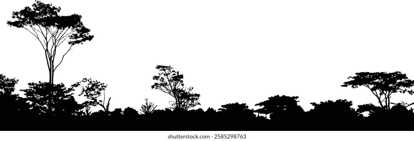 silhouette stretch of bushes trees in meadow prairies grassland desert arid pasturage africa horizon