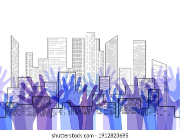 Silhouette of stretched up hands on outline city of skyscrapers background. Democratic voting. Peoples choice. Voting for everyone. Vector element for cards, templates, banners and your creativity.