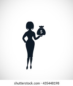 The silhouette of strict woman pointing on money bag. Could be used as illustration for the  wide range of financial  operations.
