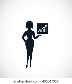 The silhouette of strict woman pointing on The increasing graph. Could be used to show a lot of processes with a growth figures.  

