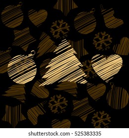 Silhouette of a stroke Christmas tree, heart and ball golden color isolated on brown background with texture of attributes of Christmas. Sample of creative poster, party invitation, other card. Vector