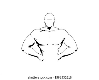 Silhouette of a strong athletic muscular athlete. Line Drawing Male figure for Gym Logo. Sports man. Bodybuilder standing with hands on hips. Wrestler body torso. Fitness and health icon Vector sketch