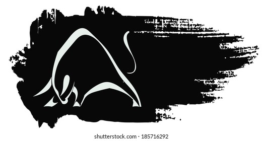 Silhouette strong charging bull on black grungy background