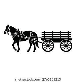 Silhouette of a strong workhorse pulling an oldfashioned wooden cart with wheels on a white background symbolizing rural transportation and historical farming practices vector on white background
