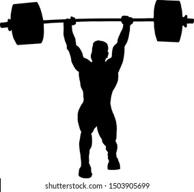 Silhouette of a strongman lifting a barbell overhead. Vector illustration. 