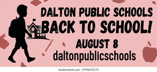 A silhouette of a student with a backpack walking with apples and text reading 'Back to School' on a pink background.