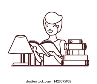silhouette of student boy with reading book in the hands