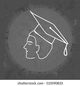 Silhouette of student in student cap on gray vintage background . Minimalism. Icon, Logo