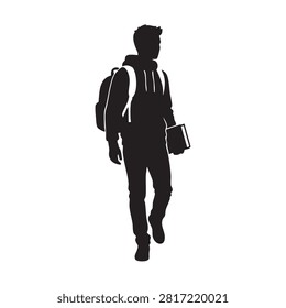 Silhouette of a student carrying a backpack and a book, walking forward. Represents education, learning, and academic pursuits. Ideal for themes of school, college, university, and gaining knowledge.