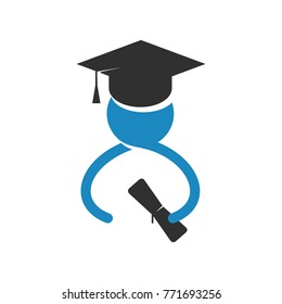 Silhouette of student in graduate cap with diploma in hand. Logo of studiyng. Vector illustration