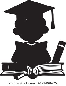 A silhouette of a student with a graduation cap reading books, symbolizing education and academic success.