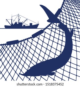 Silhouette Of Sturgeon Fish On The Background Of The Marine Nets And Fishing Ship. Vector Illustration