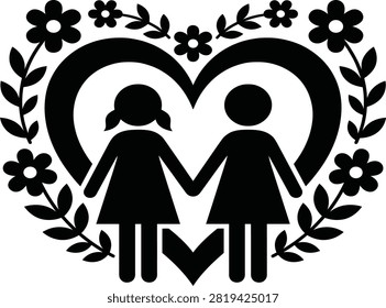 A silhouette style graphic showing two girls standing together inside a heart shape surrounded by flowers