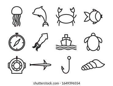 silhouette style icon set design Sea life ecosystem fauna ocean underwater water nature marine tropical theme Vector illustration