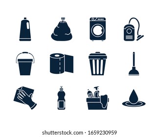 silhouette style icon set design, Cleaning service wash home hygiene equipment domestic interior housework and housekeeping theme Vector illustration