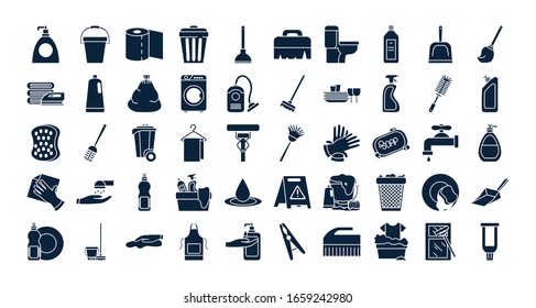 silhouette style icon set design, Cleaning service wash home hygiene equipment domestic interior housework and housekeeping theme Vector illustration