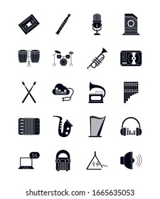 silhouette style icon set design, Music sound melody song musical art and composition theme Vector illustration