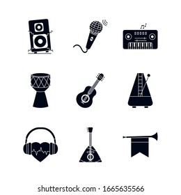 silhouette style icon set design, Music sound melody song musical art and composition theme Vector illustration