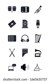 silhouette style icon set design, Music sound melody song musical art and composition theme Vector illustration
