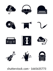 silhouette style icon set design, Music sound melody song musical art and composition theme Vector illustration