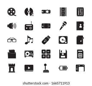 diseño de conjunto de iconos estilo silueta, tecnología multimedia Internet comunicación digital medios sociales web y tema de dispositivo Ilustración vectorial