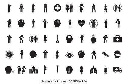 silhouette style icon set design of Covid 19 2019 ncov cov virus coronavirus infection corona epidemic disease symptoms and medical theme Vector illustration