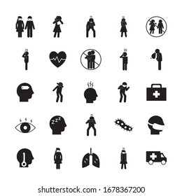 silhouette style icon set design of Covid 19 2019 ncov cov virus coronavirus infection corona epidemic disease symptoms and medical theme Vector illustration