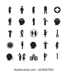 silhouette style icon set design of Covid 19 2019 ncov cov virus coronavirus infection corona epidemic disease symptoms and medical theme Vector illustration