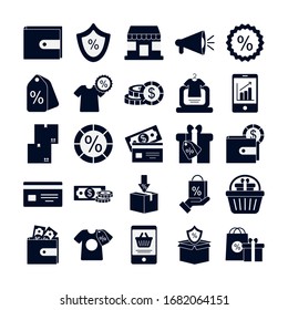 Silhouette-Stil Symbol Set Design-Design des Verkaufsheinzelhandelsmarkt-Einkaufsgeschäft Einzelhandel kaufen Zahlung Banking-und Konsumerismus Thema Vektorillustration Illustration