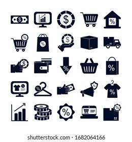 silhouette style icon set design of Sale shopping commerce market store shop retail buy paying banking and consumerism theme Vector illustration