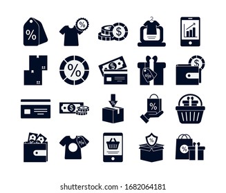 silhouette style icon set design of Sale shopping commerce market store shop retail buy paying banking and consumerism theme Vector illustration