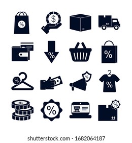 silhouette style icon set design of Sale shopping commerce market store shop retail buy paying banking and consumerism theme Vector illustration