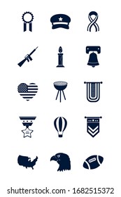 diseño de conjunto de iconos estilo silueta, Día conmemorativo fiesta patriótica celebración de la libertad independencia veterano y tema patriotismo Vector ilustración