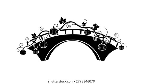 Silhouette style illustration of a small stone bridge adorned with pumpkins and crawling vines, capturing a cozy fall and harvest atmosphere.
