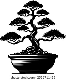 Silhouette style illustration of a tree grown in a pot using the bonsai technique