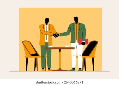 Silhouette style illustration of two men shaking hands at a coffee shop