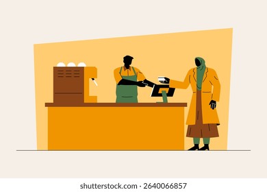 A silhouette style illustration of a waiter taking a customer’s payment at the counter