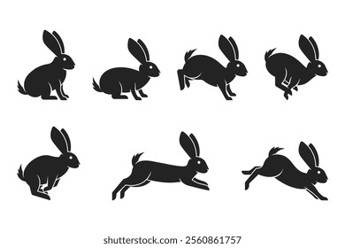 silhouette style rabbit vector collection, black rabbit movement silhouette icon