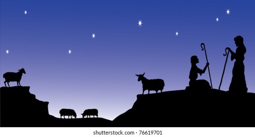 Silhouette style vector image of shepherds watching their flocks by night.